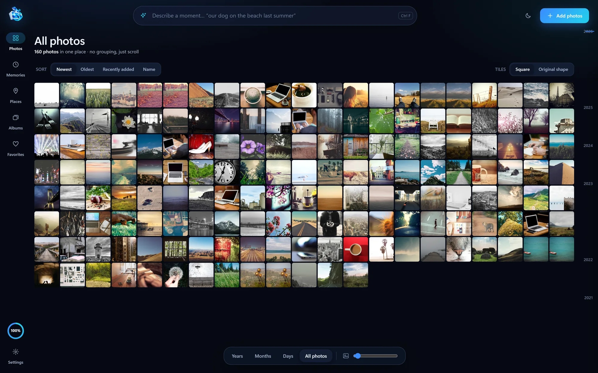 Candidra showing a whole photo library as one zoomed-out grid