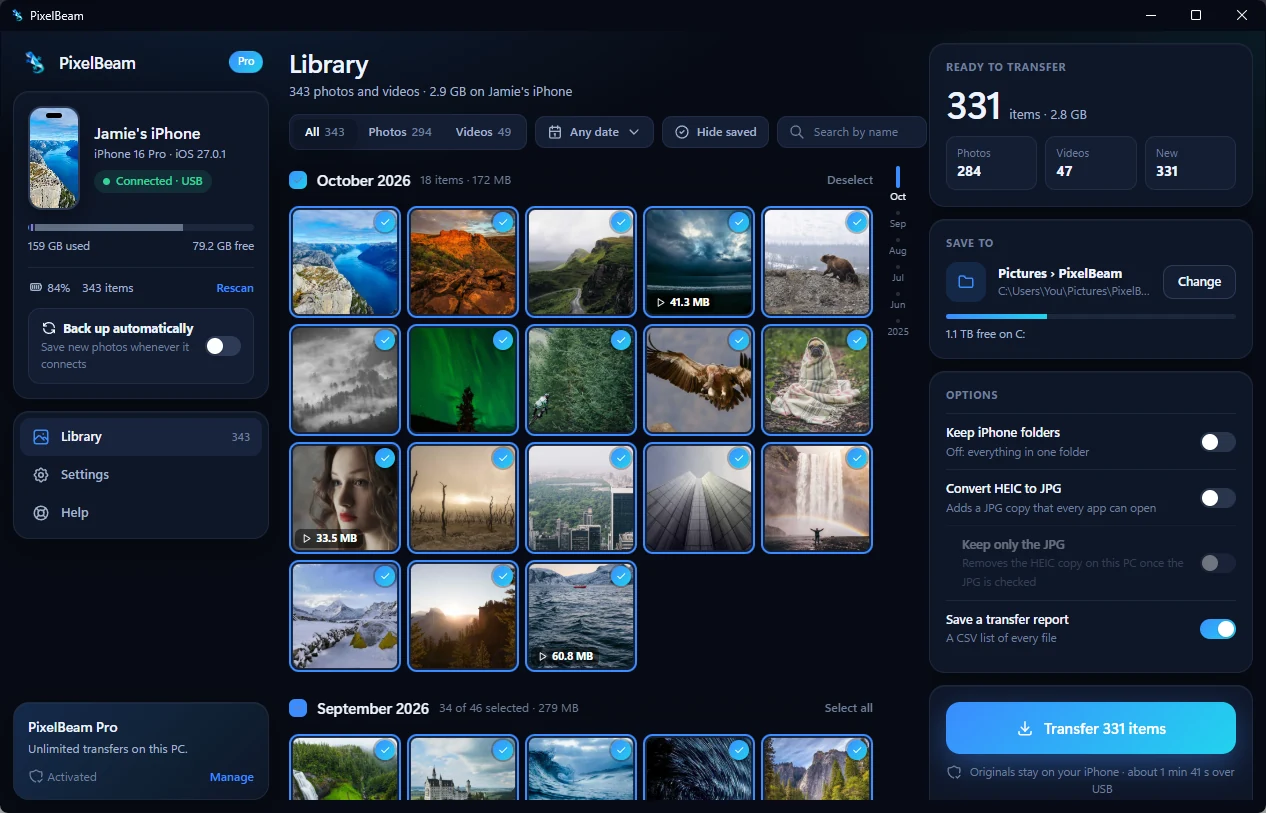 PixelBeam library with photos grouped by month