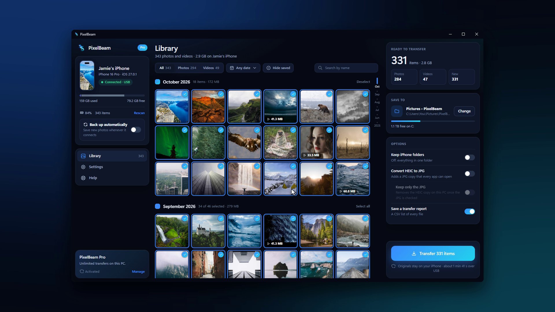PixelBeam 2 demo: finding an iPhone, choosing photos and saving them to a PC