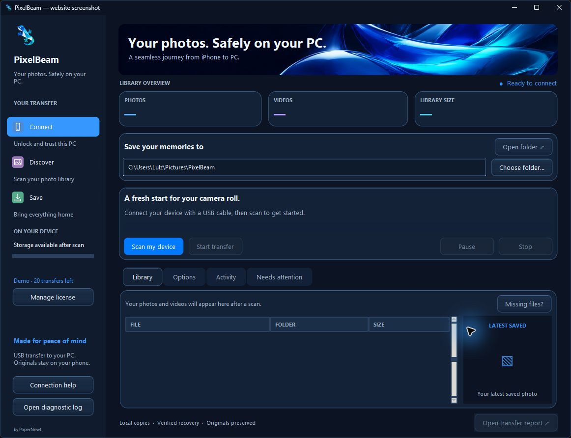 PixelBeam for Windows: library overview and transfer controls